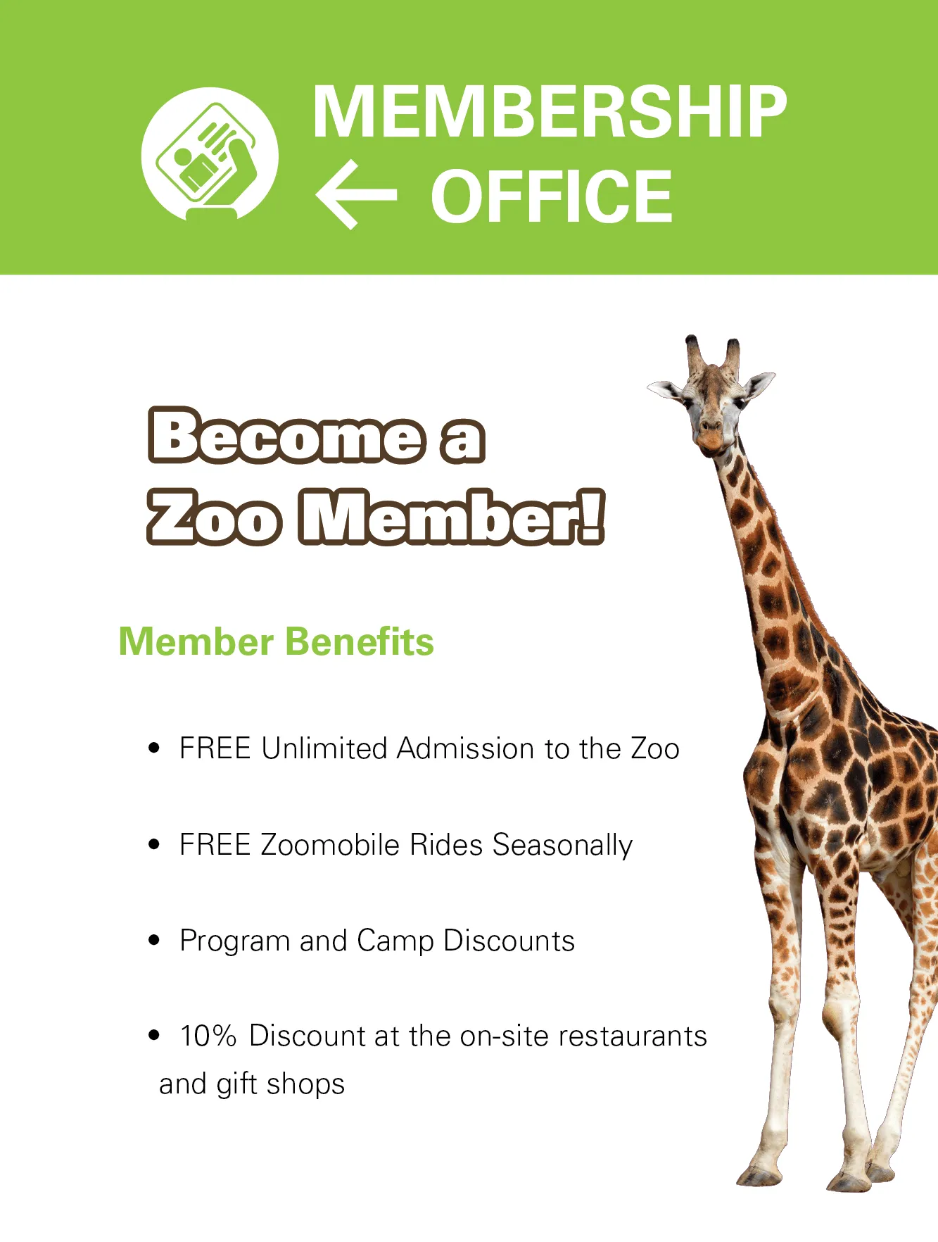 Toronto Zoo Membership Office Sign outlining where the office is located as well as the kye benefits to becoming a Toronto Zoo member.